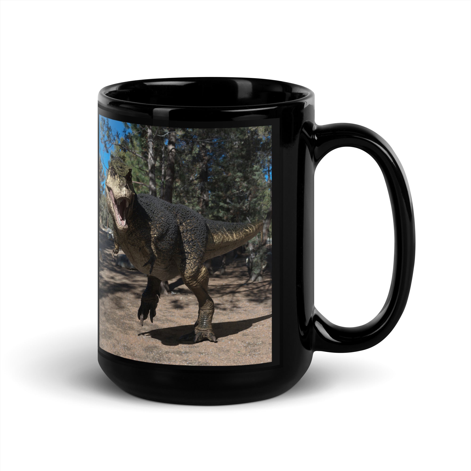 Black Glossy Mug | North American T-Rex with Feathers